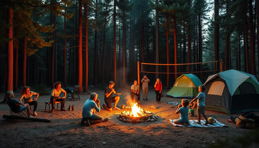 Campfire glowing warmly among tents and campers enjoying fun outdoor games at night.