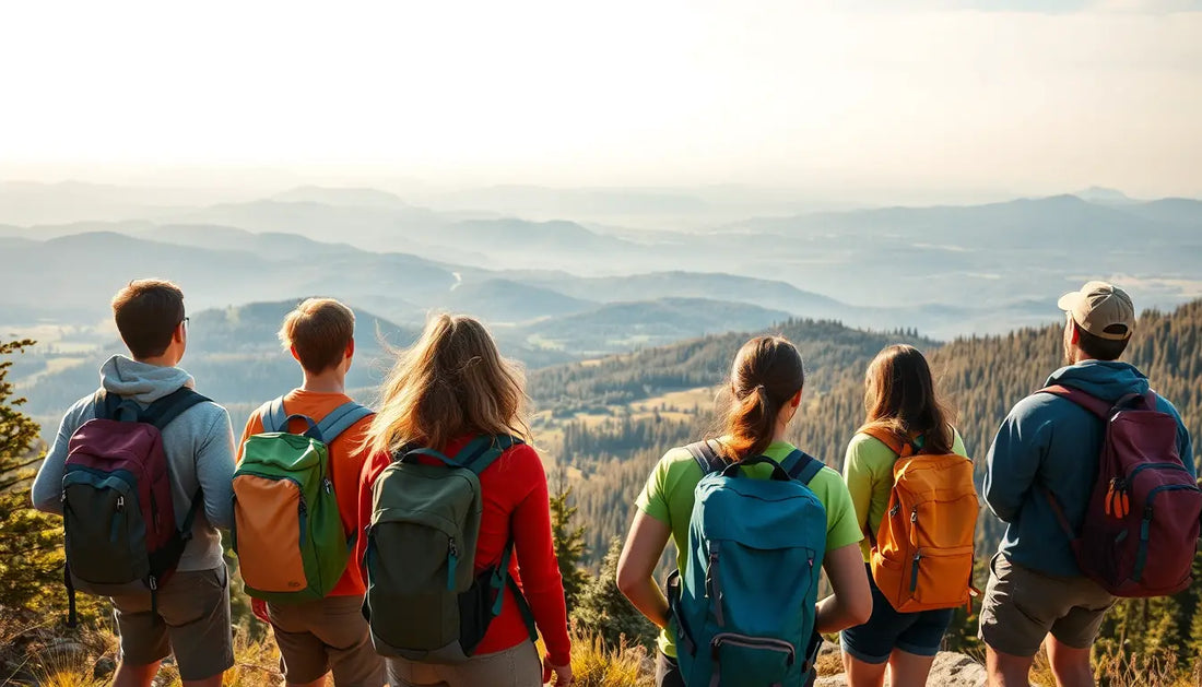 Group of hikers enjoying a mountain vista in the great outdoors while backpacking.