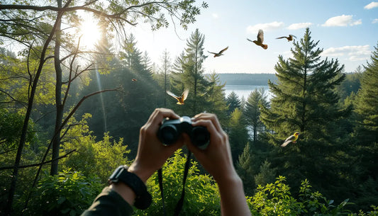 Hands holding binoculars in a sunlit forest for bird watching and discovering feathered friends.