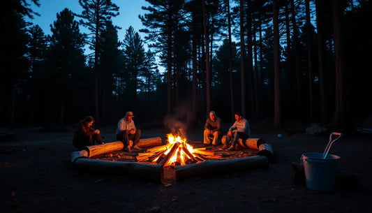 Glowing campfire at night with people on logs, showcasing sustainable campfires in outdoor fun.