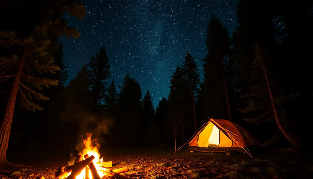 Glowing orange tent under a starry sky enhancing the camping adventure experience.