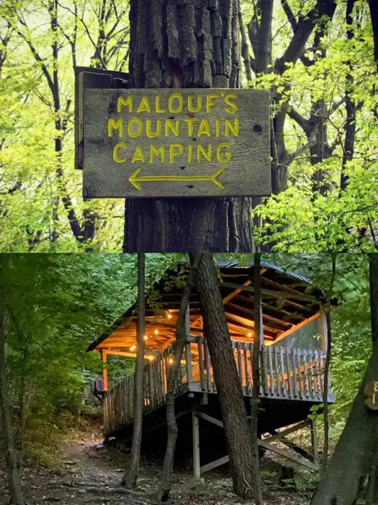 Wooden treehouse camping shelter with a glowing light in a New York State Park.