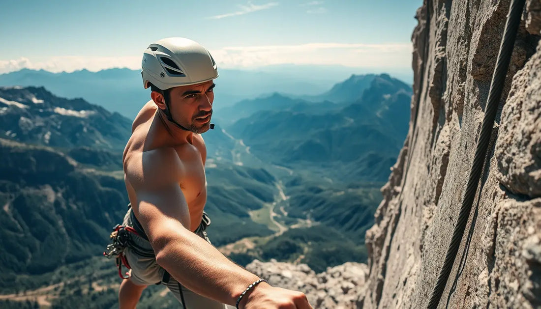 Rock climber wearing a helmet tackling a steep cliff in the great outdoors.