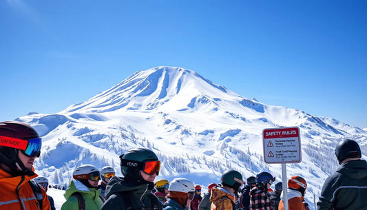 Snow-covered Mount Baker under blue sky, ideal backdrop for winter sports gear and safety.