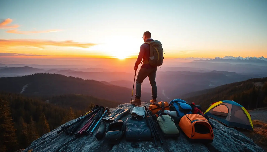 Hiker with a backpack triumphantly on rocky summit showcasing essential hiking gear.