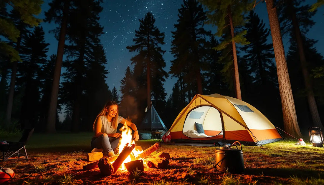 Couple’s camping adventure at night with an illuminated tent and campfire under pine trees.