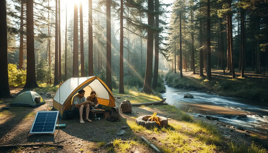 Camping tent by a stream with solar-powered lanterns for eco-friendly camping.