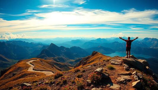 Hiker celebrates stunning views at Glacier National Park mountain peak summit.