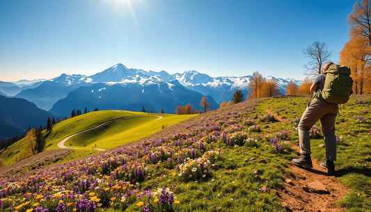 Hiker on a wildflower-covered mountain trail enjoying spring hiking in the great outdoors