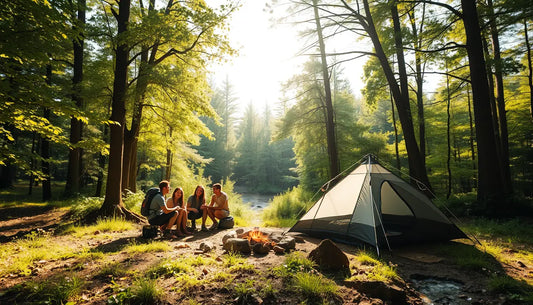 Eco-friendly camping scene with a tent, campfire, and people in a sunlit forest.