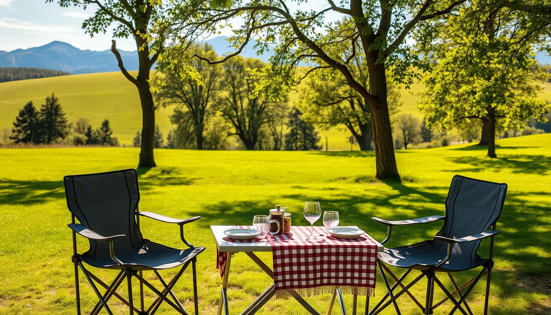 Picnic setup with folding furniture, perfect folding tables, and camping chairs outdoors.