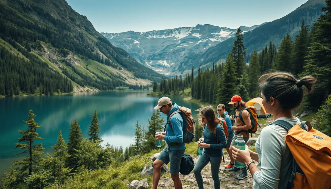 Group of conscious adventurers pause by a turquoise alpine lake in sustainable outdoor beauty.