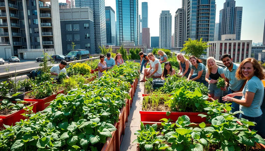 Rooftop garden featuring raised beds and people using versatile gardening tools for urban gardening