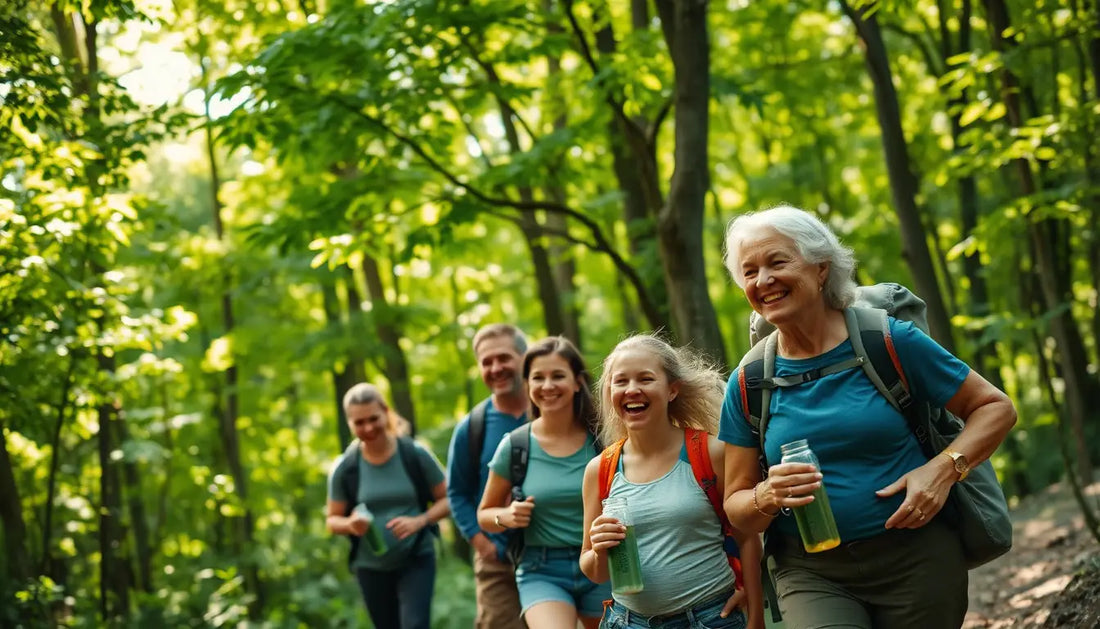 Group of hikers trekking through a lush forest, embracing eco-friendly camping principles.