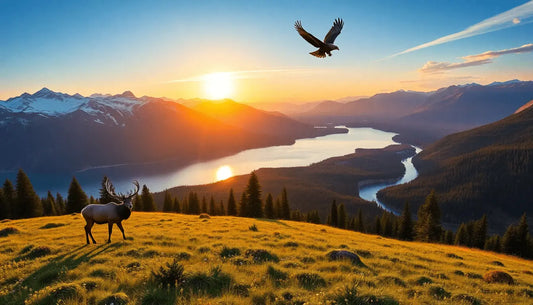 Majestic elk on grassy hillside with eagle soaring, showcasing Glacier National Park wildlife.