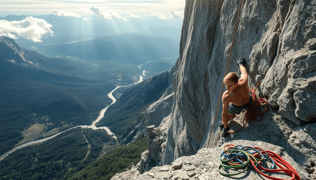 Rock climber scaling a granite cliff, embracing their climbing journey with TFGOGOGO offers.