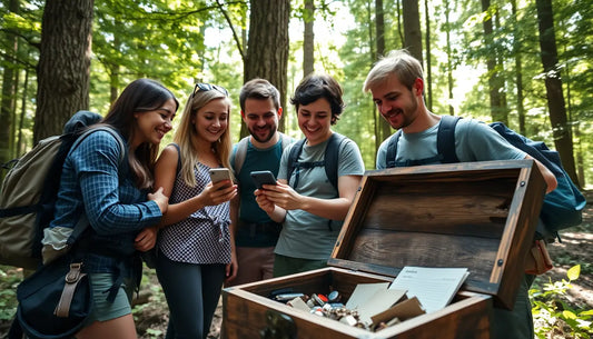 Wooden treasure chest filled with items in a geocaching adventure for hidden gems.