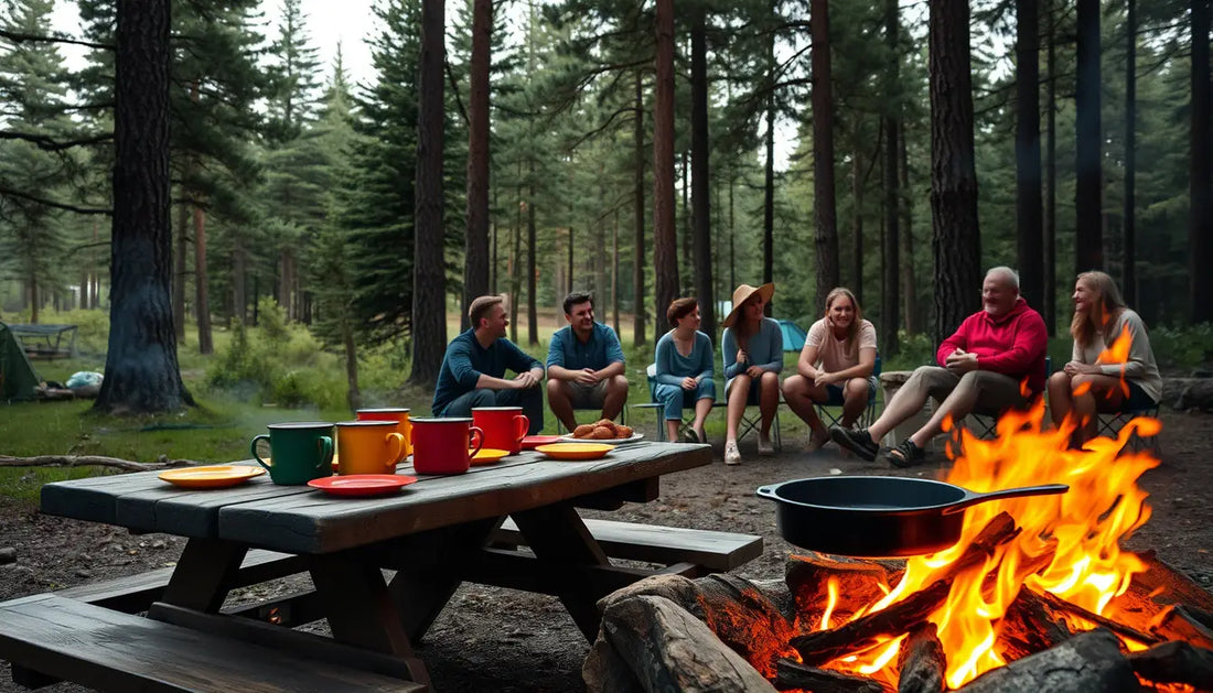 Campfire glowing by a picnic table with outdoor cooking gear and joyful campers.