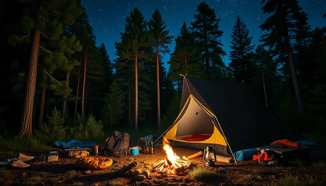 Illuminated tent and glowing campfire at night in essential camping checklist article.