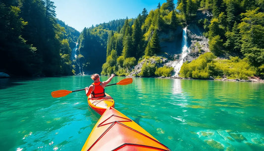 Orange kayak gliding on turquoise water, exploring coastal areas and hidden gems.