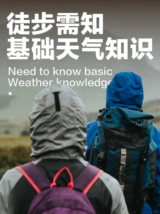 Two hikers with backpacks, Chinese and English text about fundamental weather knowledge.