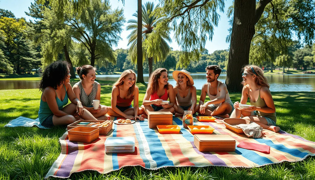 Group enjoying an eco-friendly picnic with delicious homemade dishes on a striped blanket.