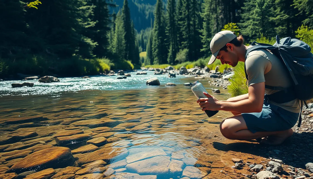 Hiker checking equipment for properly filtering stream water by rocky riverbank.