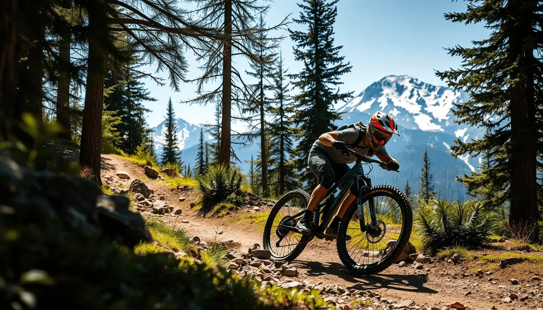 Mountain biker navigating a dirt trail in woods, emphasizing responsible mountain biking.