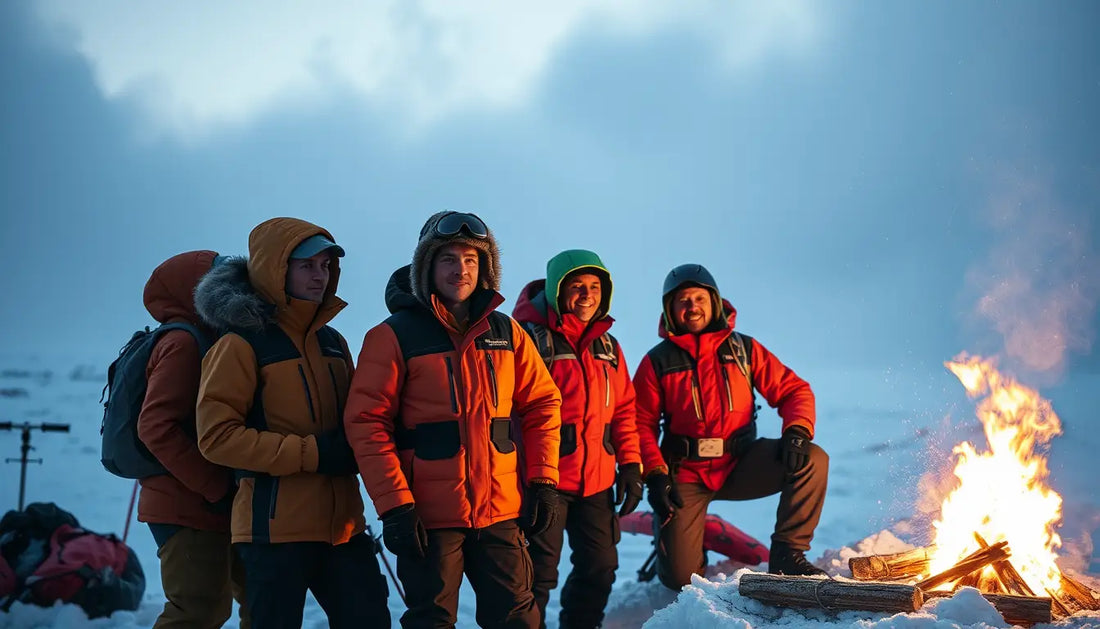 Group of winter adventurers sharing tips for staying warm around a campfire.