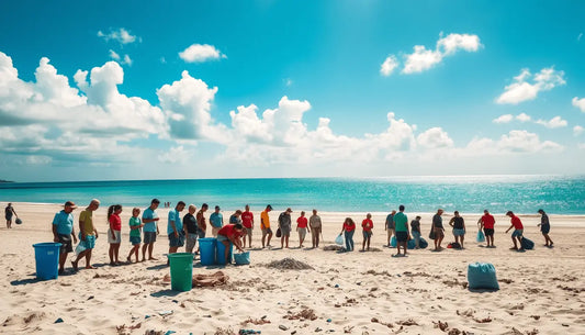 Line of people at a summer beach cleanup event with blue coolers on local beaches.