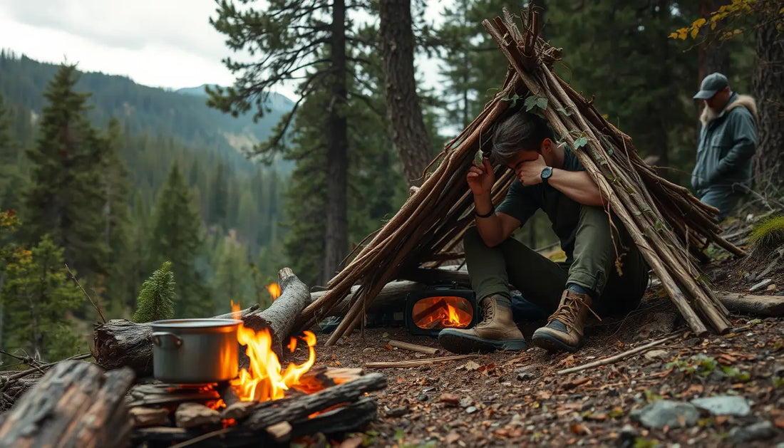 Rustic wooden lean-to shelter with campfire illustrating essential survival skills.