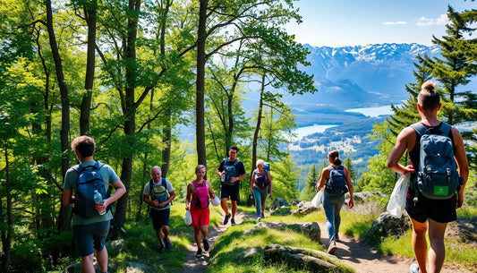 Hikers enjoying sustainable hiking along a mountain trail in lush forest greenery.