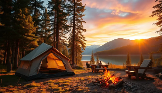 Illuminated camping tent and glowing campfire create a perfect campsite in the great outdoors.