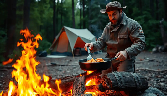 Campfire cooking with bright flames under a cooking pan for sustainable eating.