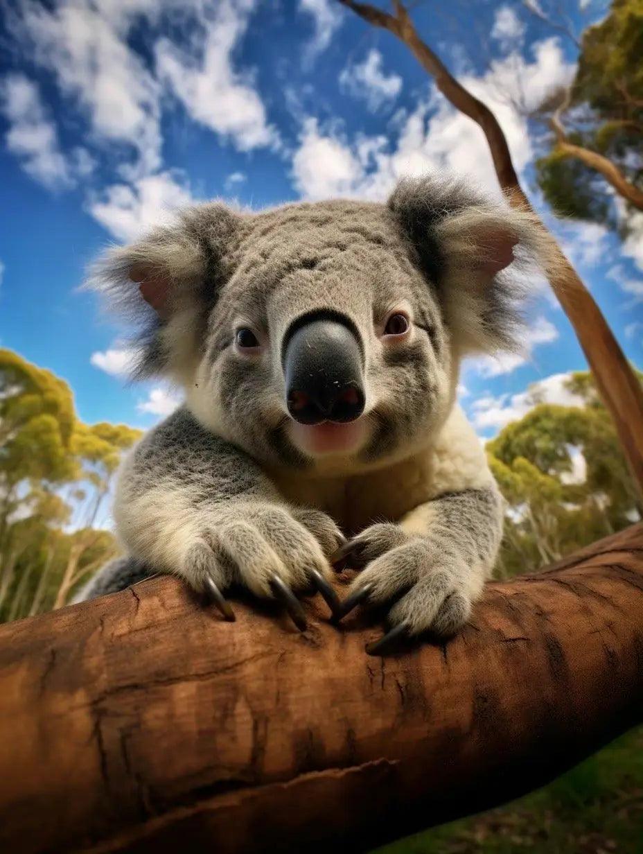 Koala Crusade: A Koala Perched on a Tree Branch Against a Blue Sky.