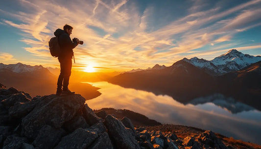 Silhouetted photographer on mountain peak at sunset, mastering natural lighting in sweeping landscapes.