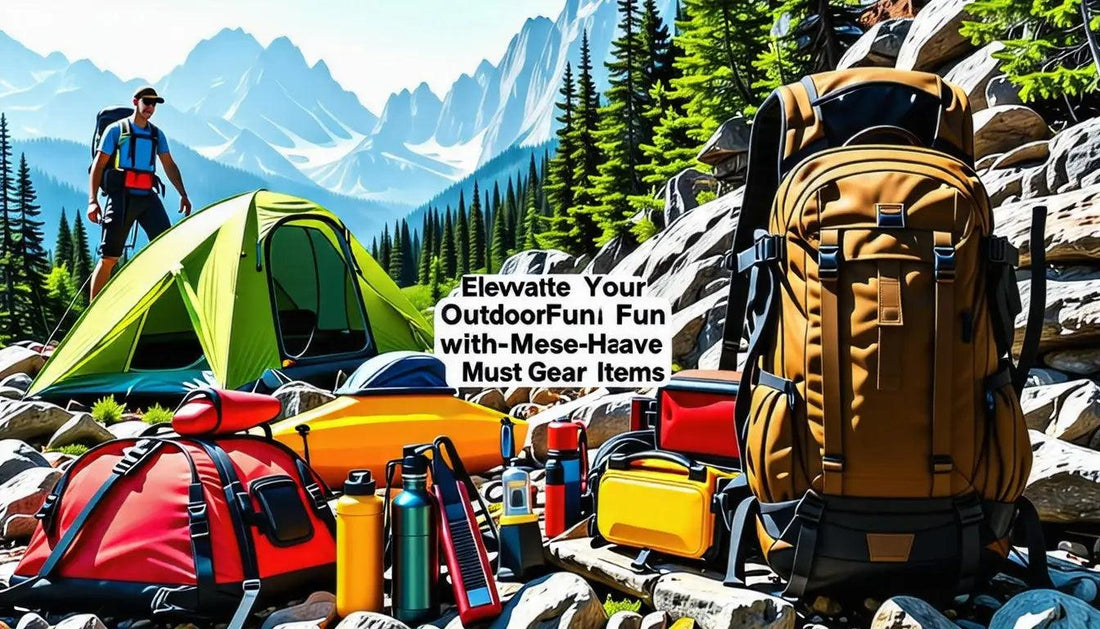 Colorful camping gear including tents and backpacks on rocky terrain for kangaroo jumping bag.