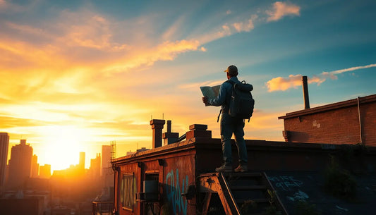 Silhouetted urban explorer on rooftop holding a map to discover hidden gems.