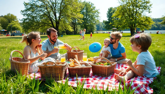 Family picnic on a checkered picnic blanket with wicker baskets filled with picnic essentials