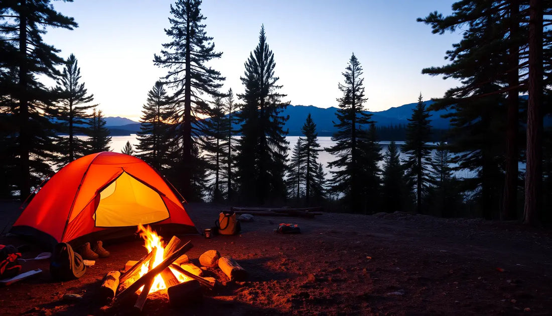 Glowing orange tent by a warm campfire, perfect for your camping adventure outdoors.