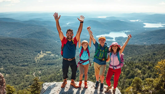 Hikers celebrating on a mountain summit, embracing their family’s adventurous spirit.