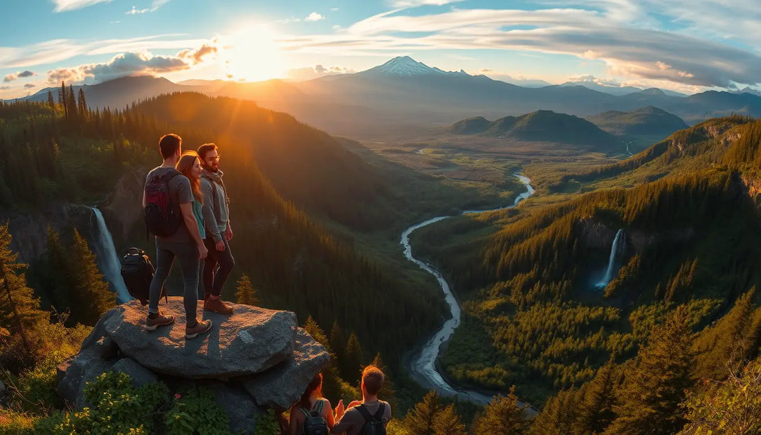 Hikers at a rocky overlook admire the sunset during an outdoor adventure.