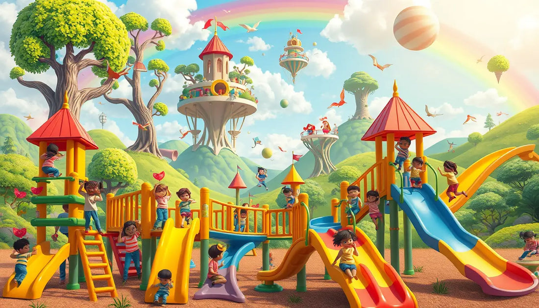 Colorful playground with slides and climbing structures for adventurous spirit and scavenger hunt.