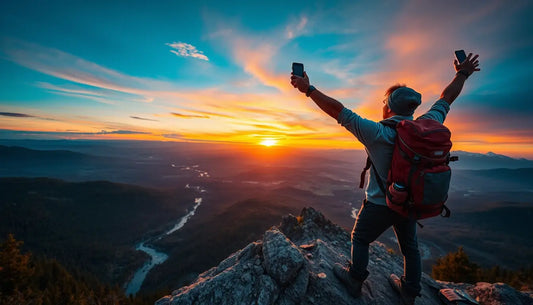 Hiker with red backpack celebrates sunset while capturing outdoor adventures photo.