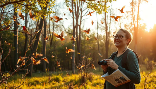 Joyful person holding a book in autumn leaves, embracing bird watching and nature.