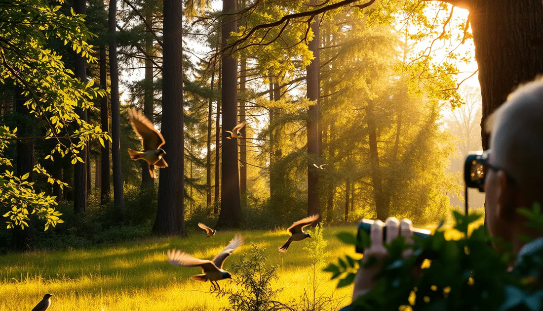 Golden sunbeams filtering through trees illuminate diverse bird species in nature.