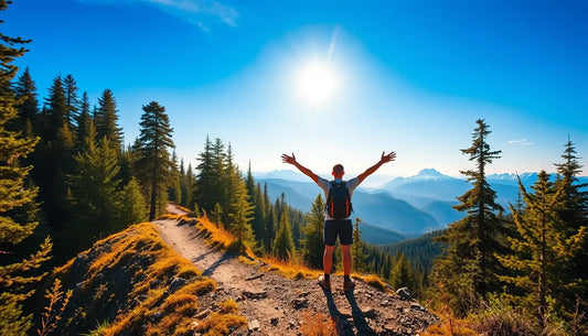 Hiker celebrates mountain trail victory, enjoying mental health benefits of nature.