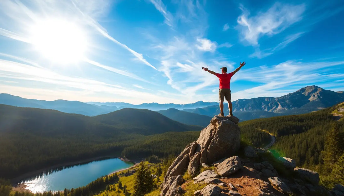 Person in red clothing triumphantly atop a rocky peak, embracing nature therapy.