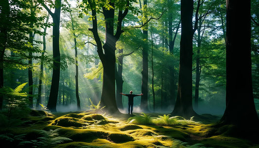 Silhouetted figure in misty forest light embracing the restorative power of forest bathing.