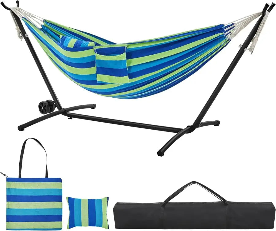 2-Person Hammock & Wheeled Stand Set - Blue Green Stripe - 吊床